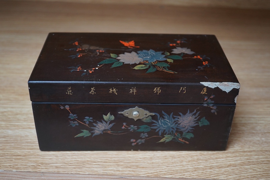 A Chinese pewter lidded box and another lacquered box with spices, largest 22cm wide. Condition - fair